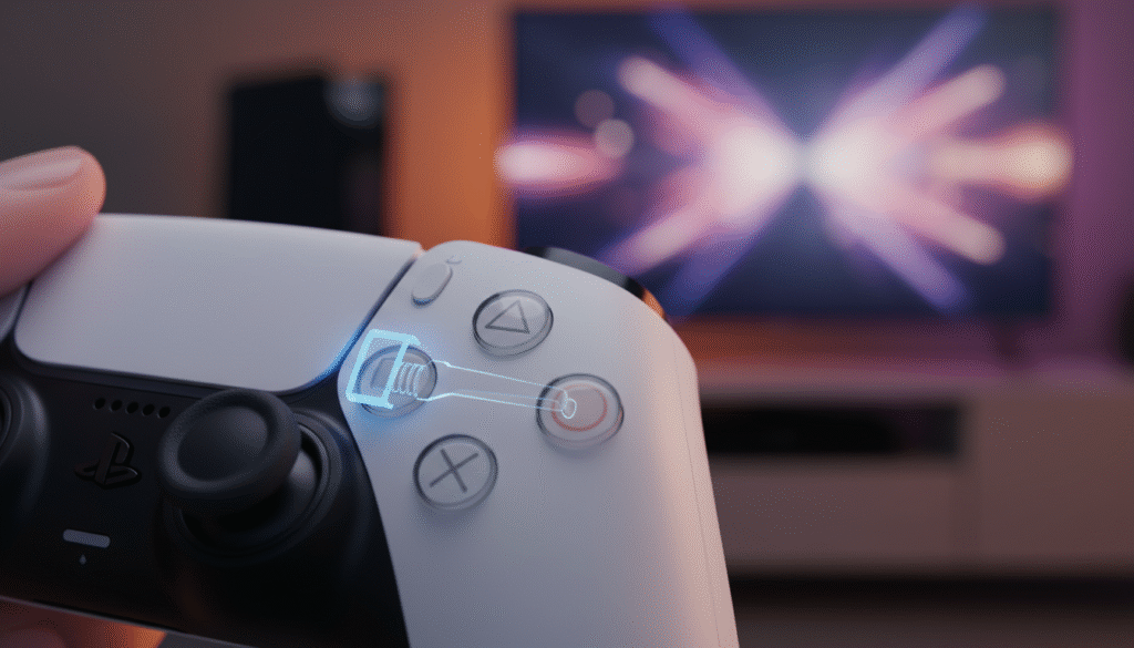 A detailed depiction of a PlayStation DualSense controller's trigger in focus, showcasing the deadzone mechanism intricately. The foreground features a close-up view of the L2/R2 trigger, highlighting the texture and design elements, while slight pressure is visually represented to indicate responsiveness. The middle ground includes the controller itself, positioned dynamically to convey a sense of action and gaming engagement. The background is softly blurred with an ambient gaming setup, including subtle hints of a console and screen, illuminated with a warm, inviting glow. The lighting reflects a moody yet lively atmosphere, suggesting an immersive gaming experience. The angle captures the ergonomic curvature and the tactile quality of the triggers against a sleek, modern background. A detailed depiction of a PlayStation DualSense controller's trigger in focus, showcasing the deadzone mechanism intricately. The foreground features a close-up view of the L2/R2 trigger, highlighting the texture and design elements, while slight pressure is visually represented to indicate responsiveness. The middle ground includes the controller itself, positioned dynamically to convey a sense of action and gaming engagement. The background is softly blurred with an ambient gaming setup, including subtle hints of a console and screen, illuminated with a warm, inviting glow. The lighting reflects a moody yet lively atmosphere, suggesting an immersive gaming experience. The angle captures the ergonomic curvature and the tactile quality of the triggers against a sleek, modern background.