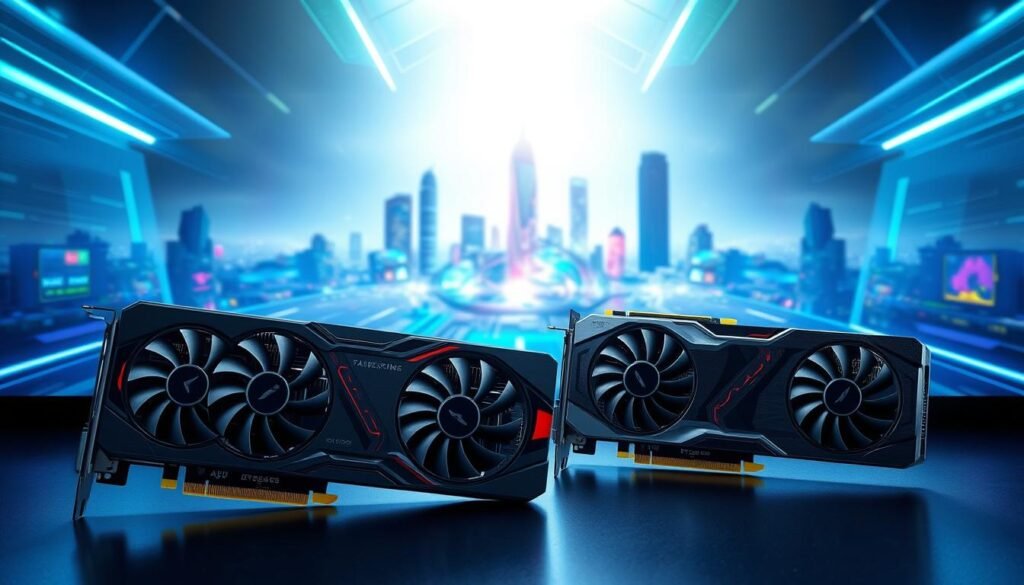 A detailed digital illustration showcasing the AMD RX 8800 and RX 8600 graphics cards, set prominently in the foreground against a sleek, tech-inspired background. The GPUs should be depicted with intricate details, highlighting their cooling systems and circuitry, demonstrating advanced technology. In the middle ground, subtle hints of a dynamic computing environment, possibly with abstract representations of data processing and graphics rendering in vibrant colors. The background should feature a futuristic cityscape or digital landscape, illuminated with soft, blue and green tones to create a high-tech atmosphere. The lighting should be dramatic, with highlights and shadows emphasizing the GPUs' design. This image should evoke a sense of cutting-edge innovation and excitement in the world of gaming graphics.