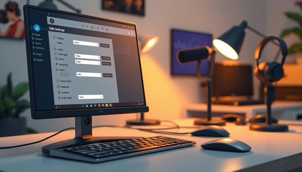 A detailed digital workspace showcasing the OBS settings interface. In the foreground, display a sleek computer monitor with the OBS software open, featuring various settings menus clearly visible, such as video, audio, and stream options. The middle layer includes a modern keyboard and mouse, both sleek and ergonomic, with an LED light subtly illuminating the area. In the background, a soft-focus view of a well-organized desk, adorned with a microphone, headphones, and a stylish desk lamp casting warm light, creating a cozy yet professional atmosphere. The overall lighting is soft and inviting, highlighting the tech elements while maintaining a focus on usability and clarity. The scene is calm and conducive to creative work, embodying a spirit of professionalism in broadcasting.