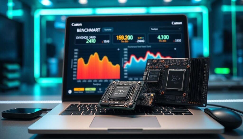A detailed, high-tech benchmark comparison scene featuring a sleek desktop setup. In the foreground, a modern laptop displaying CPU and GPU benchmark graphs with vibrant colors and clear data points. In the middle, a close-up view of high-performance hardware components like an Exynos 2400 and Snapdragon 8 Gen 3 chips, artistically arranged. The background showcases a futuristic tech environment with soft blue and green ambient lighting, reflecting a sense of innovation and performance. A Canon lens perspective adds depth, with a slight blur effect on the background to focus on the hardware. The atmosphere should exude professionalism and technological advancement, suitable for a tech article. The image should be clean and organized, devoid of any text or distractions.