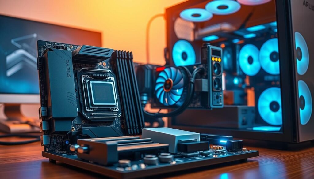 A detailed illustration of a modern PC setup featuring a motherboard, CPU, and GPU, showcasing their compatibility. In the foreground, display a sleek and advanced motherboard with multiple PCIe slots, along with a high-performance CPU clearly seated in its socket. The middle layer features a powerful GPU connected via PCIe, highlighting the intricate details of its circuitry. In the background, a softly lit workspace with a computer case open, revealing a glowing LED setup that adds a tech-savvy atmosphere. Use a warm color palette to evoke a sense of innovation and reliability, with soft lighting to accentuate the textures of the components. The angle should be slightly elevated for a dynamic view, providing a comprehensive look at the technology involved.