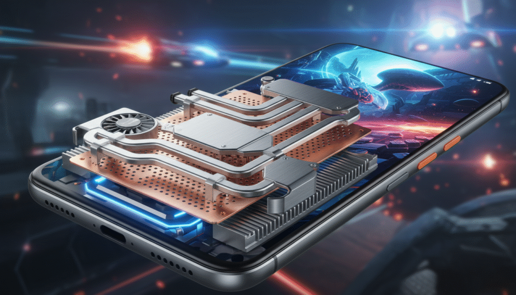 A detailed illustration of a sophisticated smartphone cooling system, showcasing the intricate components like heat pipes and cooling fans in a futuristic, sleek design. In the foreground, highlight the cooling mechanism with fine-tuned details, emphasizing the metallic textures and efficient airflow structures. The middle ground should feature a gaming smartphone with an AMOLED display, showcasing vibrant colors and high resolution, demonstrating how the cooling system integrates seamlessly with the device. In the background, a soft-focus gaming environment hints at intense action and performance, with dynamic lighting effects conveying a sense of heat and excitement. The atmosphere should feel cutting-edge and technologically advanced, created with bright, even lighting to enhance the sleek metallic features. Capture this from a slight angle for a dynamic perspective.