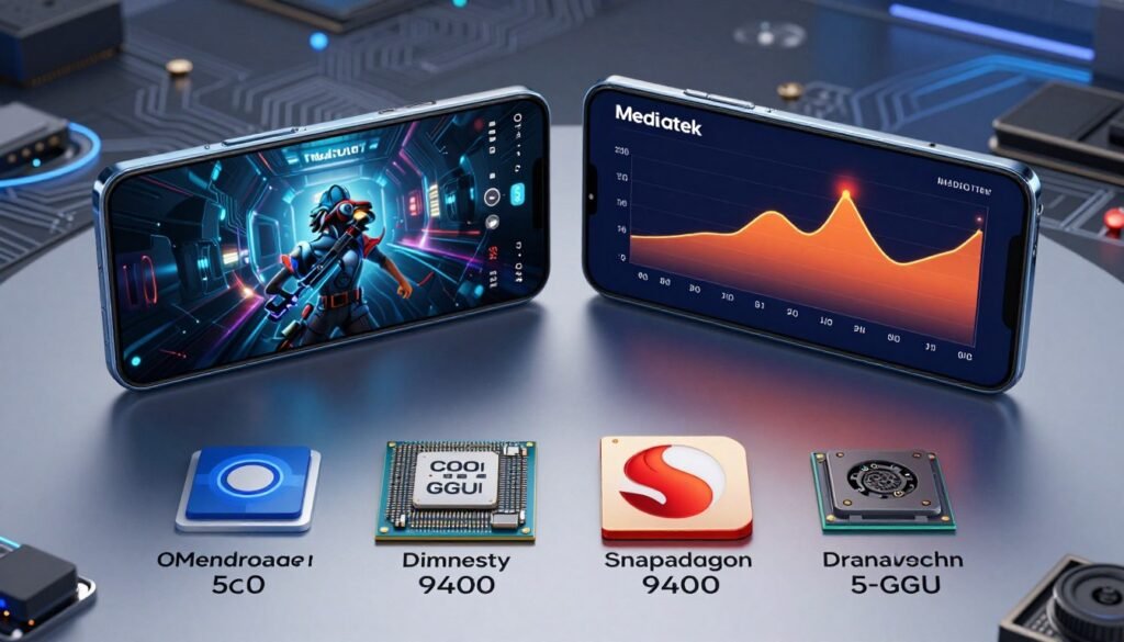 A detailed infographic comparing the specifications of the Mediatek Dimensity 9400 and Snapdragon chipsets. In the foreground, display high-resolution icons representing both chipsets with labels indicating their key features like clock speed, core count, and GPU performance. The middle layer showcases a split screen showcasing a gaming smartphone on one side, and thermal graphs illustrating temperature performance on the other. In the background, subtle illustrations of circuit boards and digital patterns evoke a tech-savvy environment. Soft, cool lighting enhances the sleek design. Use a high-angle view to capture the elements harmoniously. The mood should be professional and informative, suitable for a technical article. Please ensure the image is devoid of any text or branding. A detailed infographic comparing the specifications of the Mediatek Dimensity 9400 and Snapdragon chipsets. In the foreground, display high-resolution icons representing both chipsets with labels indicating their key features like clock speed, core count, and GPU performance. The middle layer showcases a split screen showcasing a gaming smartphone on one side, and thermal graphs illustrating temperature performance on the other. In the background, subtle illustrations of circuit boards and digital patterns evoke a tech-savvy environment. Soft, cool lighting enhances the sleek design. Use a high-angle view to capture the elements harmoniously. The mood should be professional and informative, suitable for a technical article. Please ensure the image is devoid of any text or branding.