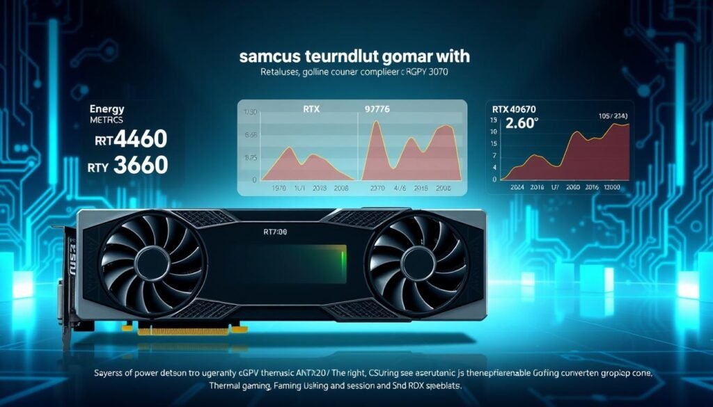 A detailed infographic illustration depicting the power consumption and thermal performance of graphics cards. In the foreground, a stylized, digital representation of the GPU RTX 4060 and RTX 3070, showcasing their specifications and power metrics clearly labeled. The middle section should feature a visually balanced comparison chart with energy usage data, complemented by thermal graphs indicating temperature peaks during gaming sessions. The background should consist of abstract digital elements and circuit patterns to emphasize technology, with a cool color palette of blues and greens, suggesting advanced computing. Soft, focused lighting highlights the cards, creating a sleek and professional atmosphere. The angle should be slightly top-down, giving a comprehensive view of the visual data. Overall, the image should convey an analytical and informative mood suitable for a technology-focused article.