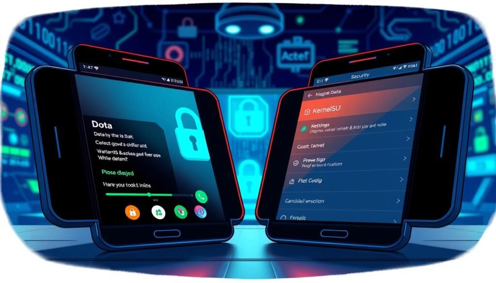 A detailed, informative illustration showcasing the security features of Android root options, specifically Magisk Delta and KernelSU. In the foreground, depict a close-up view of two smartphones side by side, one displaying the Magisk Delta interface and the other showing the KernelSU settings. Both screens should be illuminated with vibrant colors to emphasize their features. In the middle ground, include a subtle digital overlay of binary code and security icons, such as locks and shields, to signify enhanced protection. In the background, a softly blurred workspace with elements of technology and coding, illuminated by cool blue and green lighting to create a tech-savvy atmosphere. The overall mood should be professional and informative, inviting viewers to contemplate the comparison of these security tools. A detailed, informative illustration showcasing the security features of Android root options, specifically Magisk Delta and KernelSU. In the foreground, depict a close-up view of two smartphones side by side, one displaying the Magisk Delta interface and the other showing the KernelSU settings. Both screens should be illuminated with vibrant colors to emphasize their features. In the middle ground, include a subtle digital overlay of binary code and security icons, such as locks and shields, to signify enhanced protection. In the background, a softly blurred workspace with elements of technology and coding, illuminated by cool blue and green lighting to create a tech-savvy atmosphere. The overall mood should be professional and informative, inviting viewers to contemplate the comparison of these security tools.