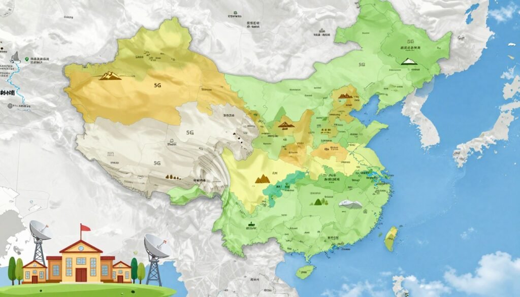 A detailed map showcasing the geographic coverage of a 5G internet program for school students in remote areas, emphasizing various regions with vibrant colors. In the foreground, include illustrated icons representing schools and satellite towers to symbolize connectivity. In the middle, create a gradient effect highlighting different administrative zones, with landmarks such as mountains and rivers to reflect the local geography. The background should feature a clear blue sky with soft clouds, suggesting optimism and progress. Use bright, natural lighting to enhance the map's visibility and make the colors pop. The overall mood should be hopeful and aspirational, illustrating the transformative impact of internet access on education in these areas.