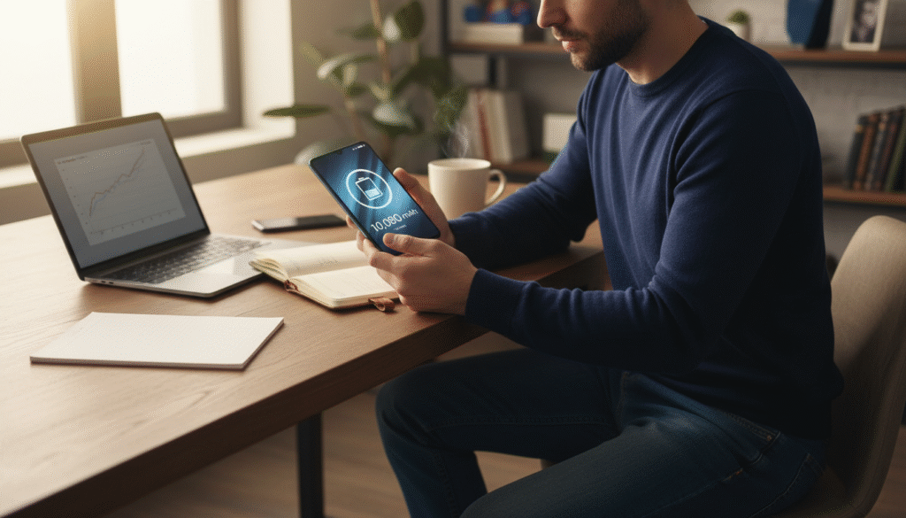 A detailed review scene featuring the Honor Power 2 smartphone prominently displayed in the foreground. The phone is sleek and modern, showcasing its large battery capacity of 10,080 mAh with a focus on the high-resolution screen and attractive design. In the middle ground, a professional user evaluates the phone, dressed in smart casual attire, engaged in taking notes while examining the device. The background includes a softly blurred tech-themed workspace with a laptop, notepad, and coffee cup, enhancing the study atmosphere. Soft, natural lighting filters in from a nearby window, creating an inviting and relaxed mood. The perspective is slightly angled from above, allowing for a comprehensive view of the scene without clutter or distractions.