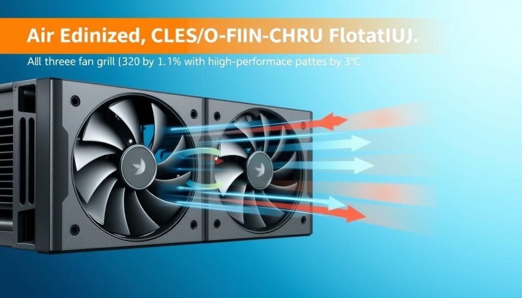 A detailed, technical illustration of an optimal cooling technique, showcasing a three-fan grill design aimed at reducing turbulence by 12% and lowering temperatures by 3°C. In the foreground, highlight a sleek, modern fan grill with intricate ventilation patterns, designed with a mix of metal and high-performance plastic materials. The middle section features airflow dynamics, visualized through arrows and temperature gradients, illustrating the cooling process. In the background, a subtle gradient of cool blue tones evokes a refreshing atmosphere, suggesting reduced heat. The lighting should be bright but soft, emphasizing the fan design's functionality without harsh shadows. Use a wide-angle perspective to capture the entire cooling system in action, creating a professional and innovative mood suitable for a technical article.