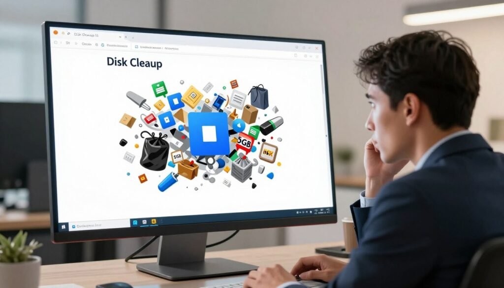 A digital illustration depicting a computer screen showing the Disk Cleanup tool on Windows 11, with a visual representation of trash files multiplying around it. In the foreground, a user, dressed in professional business attire, looks puzzled while gazing at the screen. The middle of the image features a chaotic array of digital waste icons, symbolizing the extra 5GB of junk that appears after cleanup. The background includes a clean, modern office space with a glowing monitor and soft, warm lighting, creating a sense of confusion and irony. The overall atmosphere should feel engaging and thought-provoking, highlighting the unexpected outcome of disk cleanup on a digital device.