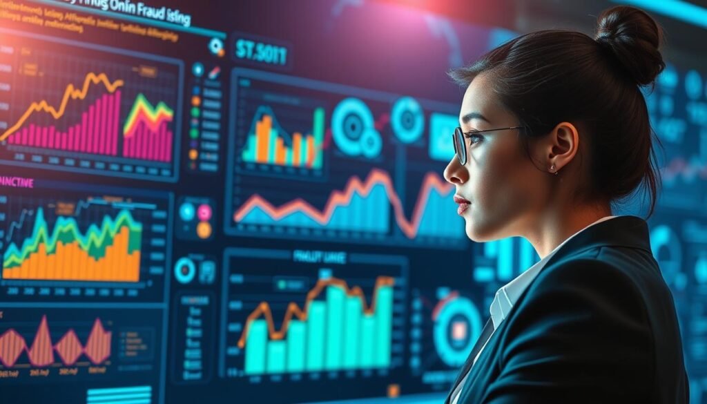 A digital illustration depicting the concept of online fraud statistics through the lens of artificial intelligence technology. In the foreground, a professional-looking young woman in business attire analyzes a digital dashboard filled with vibrant graphs and charts illustrating rising online fraud trends. The middle ground features various digital elements such as binary code streams and holographic icons representing cybersecurity, while an abstract representation of the internet is suggested in the background. The lighting is bright and focused on the woman’s face, creating a sense of determination and vigilance. The atmosphere is tense yet hopeful, capturing the essence of using AI for fraud detection. Use a slight depth of field to emphasize the subject while softly blurring the background elements.