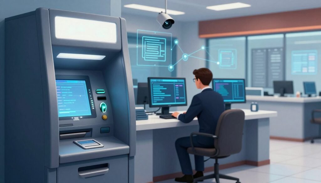 A digital illustration representing the layers of security in a banking system, emphasizing the protection of customer information. In the foreground, depict a secure ATM machine equipped with a biometric scanner and a card reader, radiating a subtle glow to signify its advanced security features. In the middle ground, showcase a professional bank employee in business attire monitoring security screens displaying data encryption and transaction alerts. In the background, illustrate a modern bank interior with protective measures like surveillance cameras and digital firewalls represented as glowing networks. Use dramatic lighting to create a sense of safety and vigilance, focusing on cool tones to evoke a professional atmosphere. Angle the composition for depth, emphasizing the layers of security while maintaining a clear and organized aesthetic.