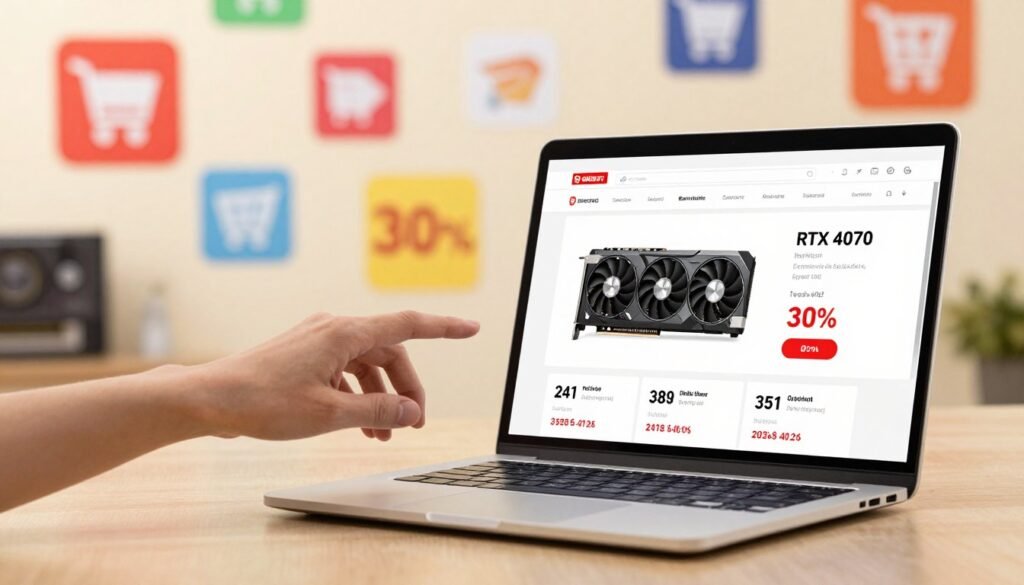 A digital marketplace scene showcasing an online store interface displaying GPU prices, specifically highlighting an RTX 4070 with a noticeable price increase of 30%. In the foreground, a modern laptop is open, showing a detailed product page with a clear image of the GPU and price tags in bold numbers. The middle layer features a hand reaching towards the laptop, emphasizing user interaction and urgency. In the background, blurred e-commerce icons, shopping carts, and price tags create an engaging atmosphere. The lighting is bright, with warm tones to evoke a sense of excitement and urgency. Capture the essence of digital commerce and economic impact in a visually appealing way. A digital marketplace scene showcasing an online store interface displaying GPU prices, specifically highlighting an RTX 4070 with a noticeable price increase of 30%. In the foreground, a modern laptop is open, showing a detailed product page with a clear image of the GPU and price tags in bold numbers. The middle layer features a hand reaching towards the laptop, emphasizing user interaction and urgency. In the background, blurred e-commerce icons, shopping carts, and price tags create an engaging atmosphere. The lighting is bright, with warm tones to evoke a sense of excitement and urgency. Capture the essence of digital commerce and economic impact in a visually appealing way.