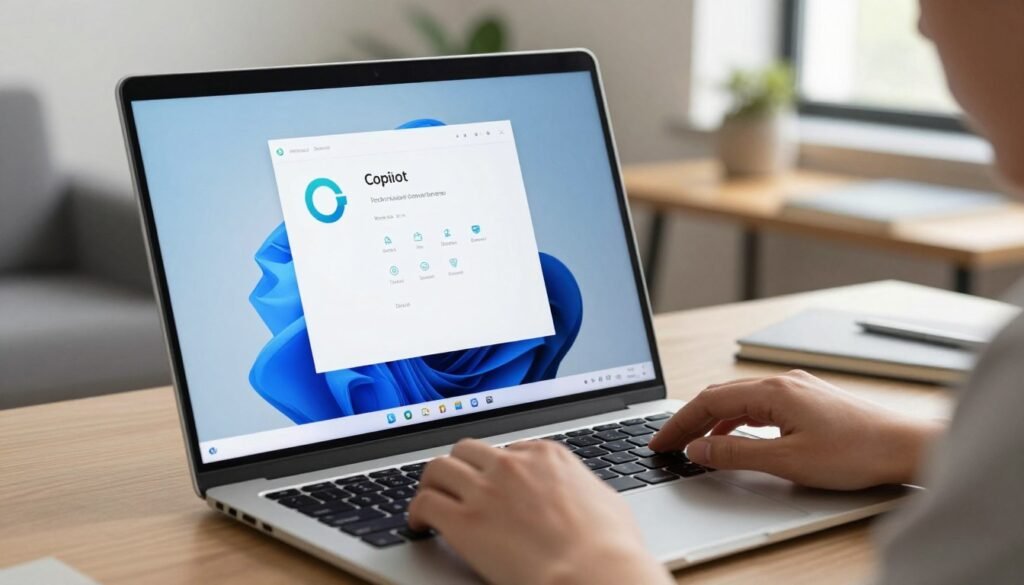 A digital workspace featuring a Windows 11 desktop with the Copilot banner prominently displayed in the foreground. The screen shows a slightly blurred interface with task icons and a highlighted Copilot icon, indicating forced presence. In the middle, there are hand gestures reaching towards the banner, conveying a sense of frustration or annoyance. The background includes a modern office setting with a soft glow from window light, suggesting an early morning atmosphere. Use a wide angle lens to capture the entire scene, emphasizing the contrasting emotions of users feeling overwhelmed by the intrusive Copilot feature. The overall mood should be tense yet professional, reflecting the theme of irritation amidst productivity.