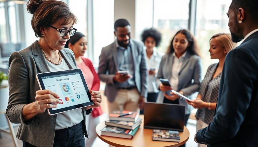 A diverse group of individuals engaged in a lively discussion around digital literacy and technology. Foreground features a middle-aged woman in modest business attire, pointing at a tablet displaying infographics on digital literacy. Beside her, a young man in smart casual clothing takes notes. In the middle ground, a small round table filled with laptops and books on technology. Background showcases a modern office environment, with large windows letting in soft, natural light, emphasizing a collaborative atmosphere. The image conveys a sense of empowerment and knowledge sharing, framed with a warm color palette to inspire positivity and engagement in digital literacy efforts.