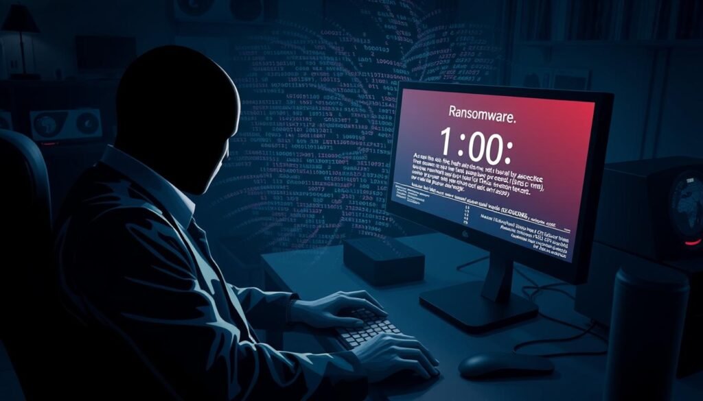 A dramatic and thought-provoking illustration depicting a digital scene of a ransomware payment scenario. In the foreground, a shadowy figure dressed in professional attire sits at a dimly lit computer, their face obscured, illuminated by the eerie glow of the screen showcasing a ransom note with a countdown timer. In the middle, chaotic lines of code and binary data spill across the screen, creating an anxious atmosphere. The background features a dimly lit room filled with technology and gaming gear, suggesting a high-stakes environment. Soft, cool lighting casts shadows that enhance the tension of the moment, while a camera angle from slightly above offers a bird's-eye view, emphasizing the seriousness of the situation. The mood is tense and foreboding, capturing the urgency and danger of paying a ransomware demand.