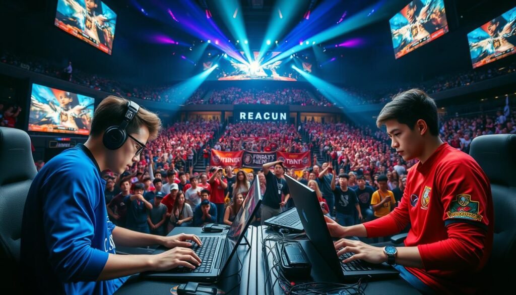 A dramatic esports scene set in a packed stadium during the 2017 League of Legends World Championship final. In the foreground, two professional gamers, one wearing a sleek blue jersey and the other in a striking red jersey, deeply focused on their gaming laptops, surrounded by an array of high-end gaming equipment. In the middle ground, a diverse audience of excited fans, all dressed in team colors, with expressions of anticipation and intensity, holding banners and flags. The background features massive screens displaying live game footage and dynamic lighting effects that create an electrifying atmosphere. The arena is illuminated with colorful spotlights highlighting the players, while a darkened ambiance envelops the space, emphasizing the tension of the epic battle unfolding. The image captures a sense of high stakes and passion in the world of competitive gaming.