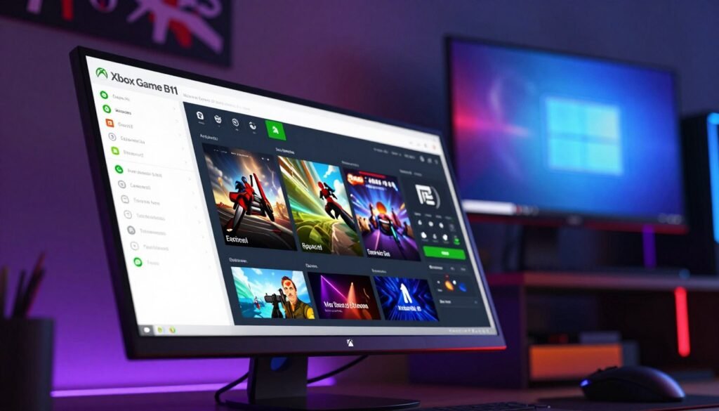 A dynamic and engaging digital workspace showcasing the Xbox Game Bar on a Windows 11 interface. In the foreground, clearly visible widgets such as a chat box, settings menu, and a live game performance monitor, all illuminated with vibrant colors. The middle section features an interactive gaming dashboard with icons for shortcuts, game libraries, and streaming controls, designed with sleek, modern aesthetics. In the background, a blurred, colorful depiction of a gaming setup, including a high-resolution monitor and RGB lighting accents, creating a lively gaming ambiance. The scene is illuminated by a soft, ambient light, evoking a sense of excitement and innovation. The angle is slightly tilted, providing a dynamic view of the workspace, making it feel immersive and tech-savvy.