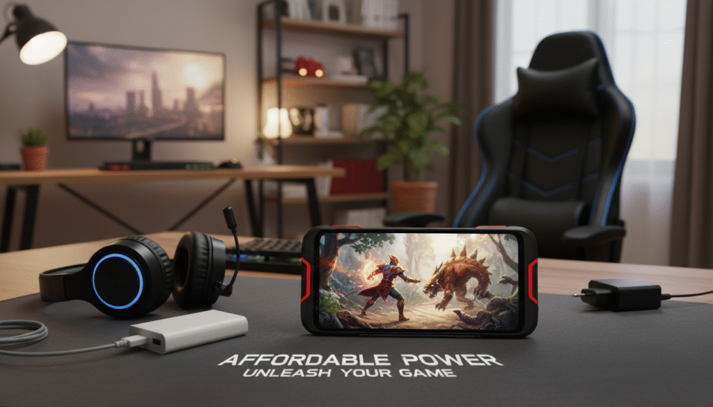A dynamic and engaging scene showcasing a modern smartphone designed for gaming, placed prominently in the foreground. The phone screen displays vibrant graphics of an exhilarating video game, capturing attention. Surrounding the phone, a sleek gaming setup including wireless headphones and a portable charger, emphasizing a multitasking-friendly environment. In the middle ground, a soft-focus view of a cozy study space, featuring a stylish desk and a gaming chair, enhances the atmosphere. The background includes a well-lit room with warm ambient lighting, inviting a sense of comfort and focus. Capture the essence of affordability and gaming capability, using a slightly elevated angle for a dramatic effect. The overall mood should feel inspiring and aspirational, conveying the excitement of affordable gaming options. A dynamic and engaging scene showcasing a modern smartphone designed for gaming, placed prominently in the foreground. The phone screen displays vibrant graphics of an exhilarating video game, capturing attention. Surrounding the phone, a sleek gaming setup including wireless headphones and a portable charger, emphasizing a multitasking-friendly environment. In the middle ground, a soft-focus view of a cozy study space, featuring a stylish desk and a gaming chair, enhances the atmosphere. The background includes a well-lit room with warm ambient lighting, inviting a sense of comfort and focus. Capture the essence of affordability and gaming capability, using a slightly elevated angle for a dramatic effect. The overall mood should feel inspiring and aspirational, conveying the excitement of affordable gaming options.
