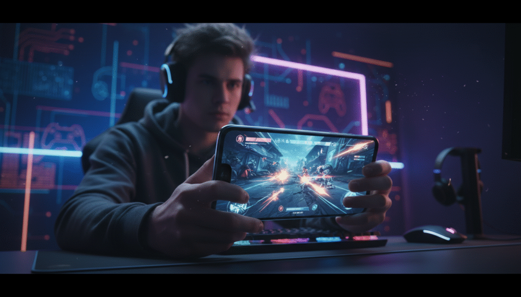 A dynamic and intense gaming scene showcasing a sleek, high-performance smartphone set against a futuristic gaming backdrop. In the foreground, the smartphone is displayed with a vivid, high-resolution screen lighting up in vibrant colors as it runs a fast-paced game, depicting high graphics fidelity. The middle ground features a focused gamer, depicted in modest casual clothing, intensely engaged in gameplay with a determined expression, surrounded by ambient LED lighting reflecting gaming culture. The background features abstract digital patterns and faint silhouettes of gaming accessories. The lighting is dramatic with contrasting highlights and shadows, using a slightly angled perspective to emphasize the excitement of long gaming sessions. The atmosphere is energetic and immersive, evoking a sense of action and performance.