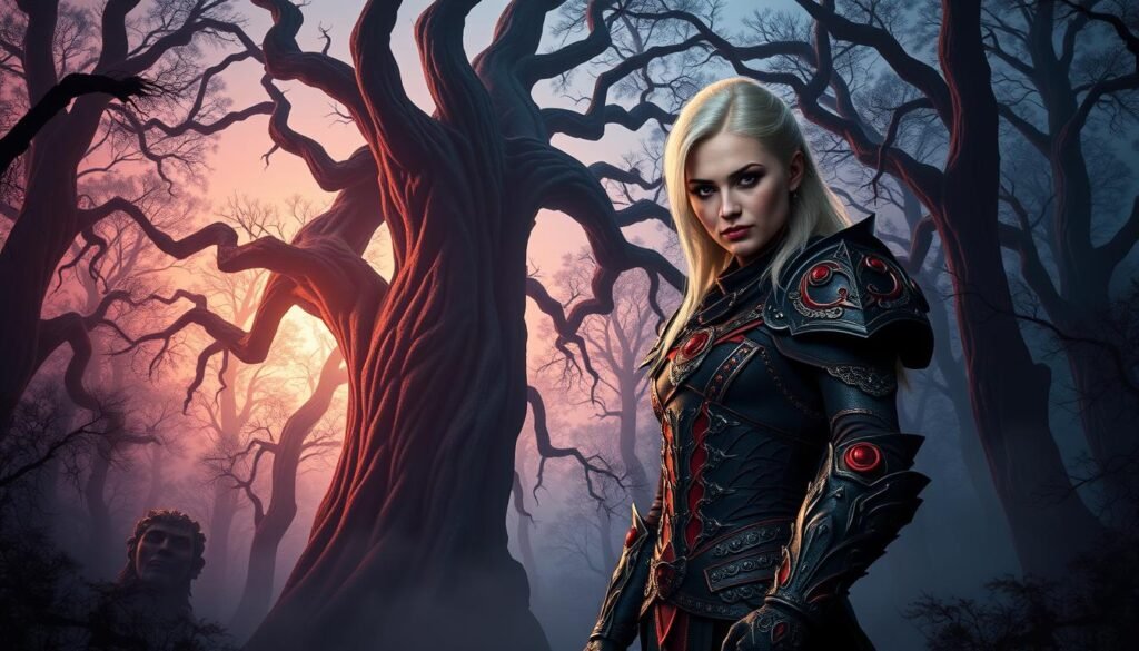 A dynamic and striking portrait of Elsa Bloodstone, the new character, set in a mystical, dark forest environment. In the foreground, she stands confidently, clad in intricately designed armor that blends elements of gothic and fantasy aesthetics, featuring deep reds and blacks. Her fierce expression hints at her strength and determination. In the middle ground, ancient, shadowy trees loom, wrapped in mist, creating an air of mystery around her. Soft, dappled light filters through the foliage, illuminating her figure and casting alluring shadows. The background fades into a whimsical twilight sky, enhancing the magical atmosphere. The image should evoke a sense of anticipation and excitement, capturing the essence of a powerful new character in a fantastical realm.