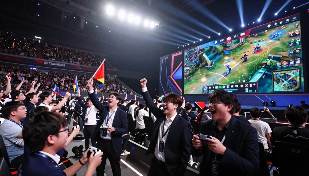 A dynamic and vibrant scene showcasing a Mobile Legends playoff match in a packed stadium. In the foreground, excited gamers wearing professional business attire celebrate their favorite teams, some holding gaming controllers and team flags. The middle ground features a large, high-tech screen displaying intense gameplay, with colorful graphics illustrating the action. The background reveals a roaring crowd of 100,000 spectators, their expressions a mix of anticipation and passion, while the stadium lights cast bright beams, enhancing the electric atmosphere. Capture the excitement, with dramatic lighting and a slight lens flare effect for added intensity, presenting a moment filled with suspense and energy from a thrilling playoff match. A dynamic and vibrant scene showcasing a Mobile Legends playoff match in a packed stadium. In the foreground, excited gamers wearing professional business attire celebrate their favorite teams, some holding gaming controllers and team flags. The middle ground features a large, high-tech screen displaying intense gameplay, with colorful graphics illustrating the action. The background reveals a roaring crowd of 100,000 spectators, their expressions a mix of anticipation and passion, while the stadium lights cast bright beams, enhancing the electric atmosphere. Capture the excitement, with dramatic lighting and a slight lens flare effect for added intensity, presenting a moment filled with suspense and energy from a thrilling playoff match.