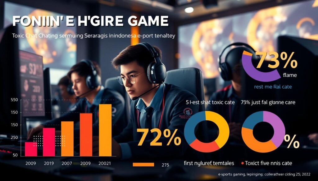 A dynamic and visually compelling infographic showcasing online gaming behavior statistics, specifically focusing on toxic chat data in Indonesian e-sports. In the foreground, display sharp bar graphs and pie charts illustrating the 73% flame rate stemming from just five templates, with vibrant colors that capture attention. In the middle, include stylized representations of e-sports gamers in professional attire, intently engaged in gameplay, with focused expressions. The background should feature a stylized, modern gaming environment with soft lighting, creating an immersive atmosphere. The overall mood should convey urgency and the impact of toxic communication within the gaming community, with a slight digital glow illuminating the stats for clarity. Opt for an angled view for depth and a polished, professional aesthetic throughout the image.