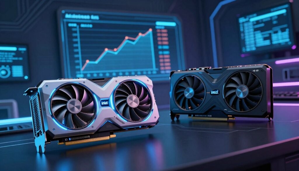 A dynamic comparison image showcasing the evolution of graphics cards, focusing on the Intel Arc Battlemage GPU alongside its predecessor, the Alchemist. In the foreground, feature the Battlemage GPU prominently with a sleek, modern design illuminated by cool, blue LED lighting. Adjacent to it, place the Alchemist GPU, slightly faded to emphasize the generational leap. In the middle ground, include a stylized chart or infographic subtly integrated, illustrating performance metrics and specifications without text. The background should be a futuristic tech-themed environment with glowing circuit patterns and digital displays, creating an atmosphere of innovation and advancement. Use slightly dramatic lighting with a focus on contrasting colors to evoke excitement about the new generation. The angle should be slightly elevated, providing a comprehensive view of both GPUs in their context.