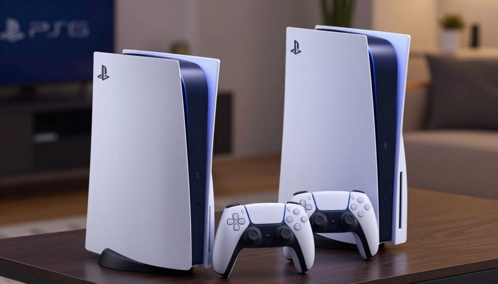 A dynamic comparison of the PlayStation 5 Slim and PlayStation 5 Fat consoles showcasing their distinct designs and sizes. In the foreground, place the PS5 Slim on the left, elegantly slim, with its sleek curves and minimalist aesthetics, in a glossy white finish. On the right, position the PS5 Fat, more robust and angular, displaying its bold design and larger dimensions, also in white, but with visible features like its disc drive. Illuminate the scene with soft, ambient lighting to enhance the consoles’ textures and finishes, using a slightly elevated angle for a dramatic view. The background should feature a blurred gaming environment, representing a cozy living room, to evoke a sense of warmth and excitement, focusing the viewer's attention on the consoles, highlighting the physical differences clearly.