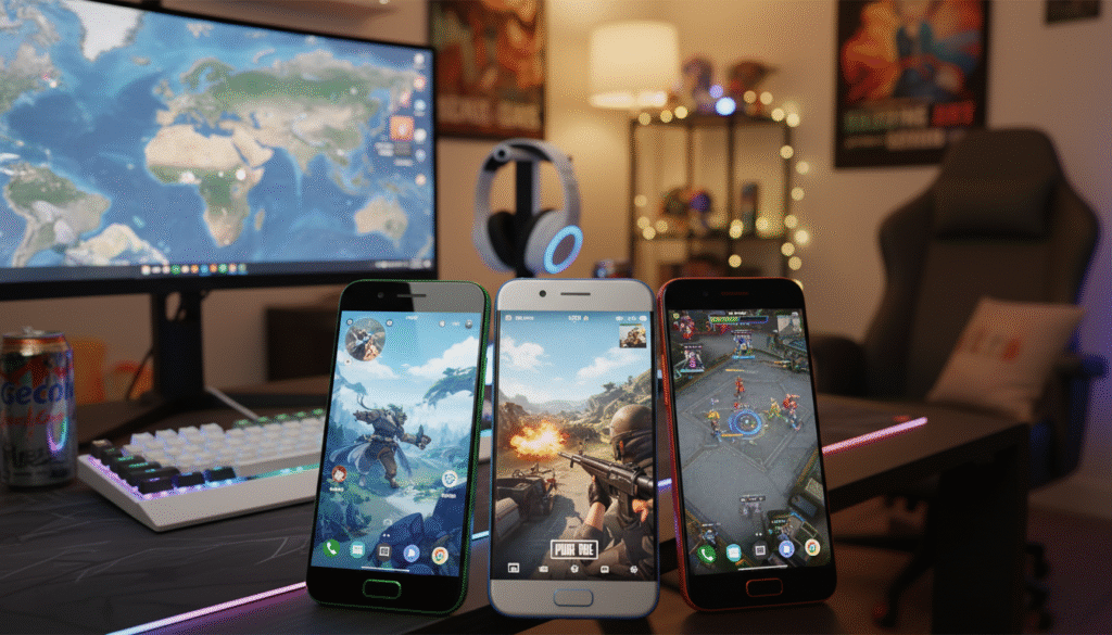 A dynamic comparison scene showcasing high-performance gaming smartphones ideal for Genshin Impact, PUBG Mobile, and competitive games. In the foreground, display three sleek gaming smartphones with vibrant screens, each showing gameplay elements from the respective games. The middle layer features a gaming setup, including gaming peripherals like a high-quality headset and a mechanical keyboard, illuminated by colorful RGB lighting. The background consists of an immersive gaming environment with subtle bokeh effects, depicting a cozy gamer’s den filled with modern decor. The lighting should be warm and inviting, creating an engaging atmosphere. The composition should emphasize the excitement and competitiveness of mobile gaming, conveying a sense of anticipation and readiness for action.