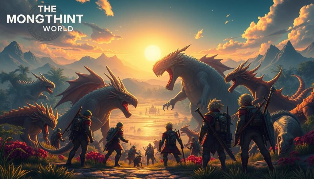 A dynamic composition showcasing the impact of the "Monster Hunter World" franchise, featuring a rugged, fantastical landscape filled with colossal, exotic monsters. In the foreground, a group of hunters dressed in vibrant armor, with an emphasis on their detailed gear and weapons, are engaged in a cooperative stance, ready for battle. The middle ground reveals a vibrant ecosystem with lush vegetation and dynamic weather effects, like a dramatic sunset casting golden light across the scene. The background includes towering mountains and a distant village, adding depth and context. The mood is intense yet hopeful, capturing the essence of adventure and teamwork. Use a wide-angle lens for an immersive perspective, emphasizing the scale of both the monsters and the landscape. Soft lighting enhances the colors, creating a vivid atmosphere. A dynamic composition showcasing the impact of the "Monster Hunter World" franchise, featuring a rugged, fantastical landscape filled with colossal, exotic monsters. In the foreground, a group of hunters dressed in vibrant armor, with an emphasis on their detailed gear and weapons, are engaged in a cooperative stance, ready for battle. The middle ground reveals a vibrant ecosystem with lush vegetation and dynamic weather effects, like a dramatic sunset casting golden light across the scene. The background includes towering mountains and a distant village, adding depth and context. The mood is intense yet hopeful, capturing the essence of adventure and teamwork. Use a wide-angle lens for an immersive perspective, emphasizing the scale of both the monsters and the landscape. Soft lighting enhances the colors, creating a vivid atmosphere.