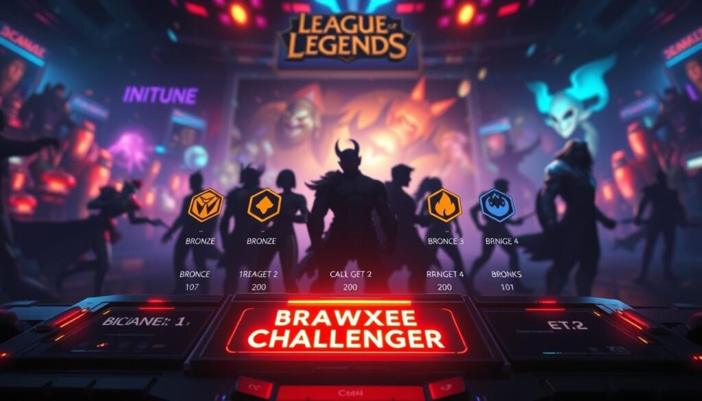A dynamic composition showcasing the "League of Legends" ranking system, with a focus on the tiers from Bronze to Challenger. In the foreground, a glowing digital interface displays the ranks vividly, adorned with various symbols representing each tier, from the humble beginnings of Bronze to the elite Challenger. The middle ground features champion character silhouettes that embody strength and strategy, subtly blending with the rank symbols. In the background, an animated battlefield scene illustrates a vibrant gaming world, with colors transitioning from dark to bright to represent the progression through ranks. The lighting should be dramatic with a cyberpunk feel, casting glows and shadows to enhance the competitive mood, seen from a slightly elevated angle, invoking a sense of achievement and challenge in the world of competitive gaming.