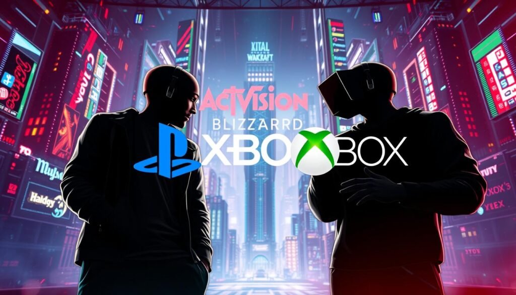 A dynamic digital artwork depicting the impact of Microsoft's $69 billion acquisition of Activision Blizzard on the gaming industry. In the foreground, show two professional gamers, one representing PlayStation and the other representing Xbox, engaged in a strategic discussion, dressed in smart-casual attire. In the middle, portray iconic imagery of the PlayStation and Xbox logos, symbolizing competition, alongside popular games from Activision Blizzard like Call of Duty and World of Warcraft. In the background, visualize a futuristic cityscape made of pixels, representing the evolving digital gaming landscape. The lighting should be vibrant, with a cinematic feel, capturing the excitement and tension of the gaming rivalry. Use a wide-angle perspective to emphasize the scale of the scene.