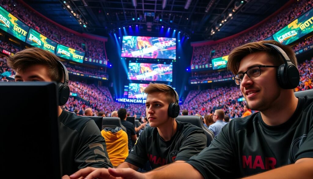A dynamic esports arena filled with professional gamers intensely focused on their screens. In the foreground, a diverse group of three players, dressed in stylish team jerseys, are engaged in a high-stakes match, showcasing a blend of concentration and excitement on their faces. The middle ground features a large LED screen displaying vibrant in-game action, surrounded by cheering fans. The background displays an arena packed with spectators, illuminated by colorful stage lights, enhancing the electric atmosphere. The image is captured from a low angle to emphasize the grandeur of the venue, with a warm glow highlighting the players' faces. The mood is thrilling and competitive, encapsulating the essence of professional esports in the 2000s. A dynamic esports arena filled with professional gamers intensely focused on their screens. In the foreground, a diverse group of three players, dressed in stylish team jerseys, are engaged in a high-stakes match, showcasing a blend of concentration and excitement on their faces. The middle ground features a large LED screen displaying vibrant in-game action, surrounded by cheering fans. The background displays an arena packed with spectators, illuminated by colorful stage lights, enhancing the electric atmosphere. The image is captured from a low angle to emphasize the grandeur of the venue, with a warm glow highlighting the players' faces. The mood is thrilling and competitive, encapsulating the essence of professional esports in the 2000s.