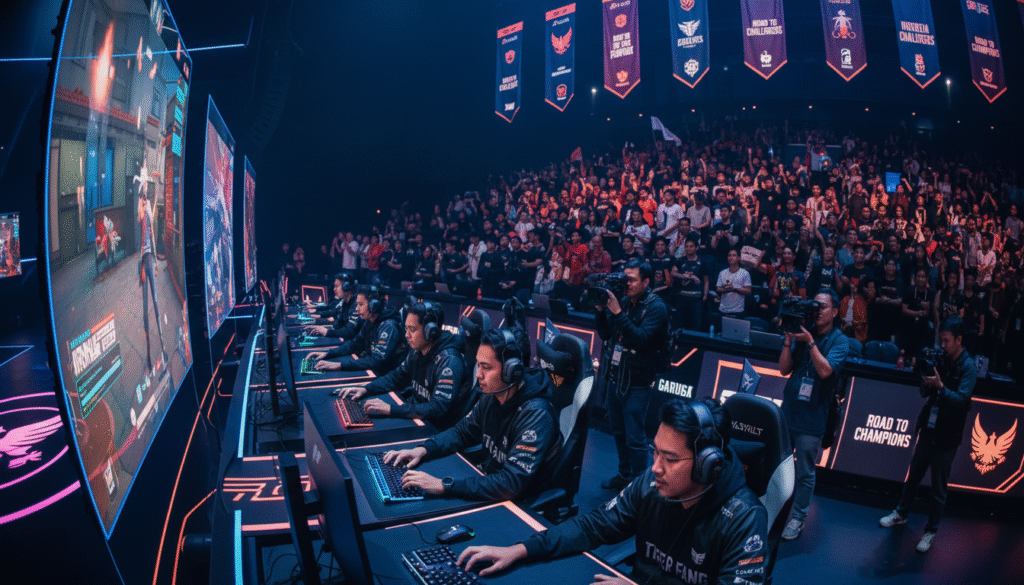 A dynamic esports scene focused on a VALORANT qualification event in Indonesia, showcasing a lively auditorium filled with excited fans wearing team jerseys. In the foreground, a group of diverse, professionally dressed gamers strategizes fervently at a high-tech gaming station, their expressions reflecting determination and teamwork. The middle ground features large screens displaying gameplay footage, illuminating the players' faces, while journalists capture the action. The background includes colorful banners representing different teams, enhancing the atmosphere of competition and excitement. The lighting is bright and vibrant, simulating the energy of a live esports event, with a wide-angle perspective to capture the immersive environment. The mood is tense yet hopeful, symbolizing the journey towards Champions.