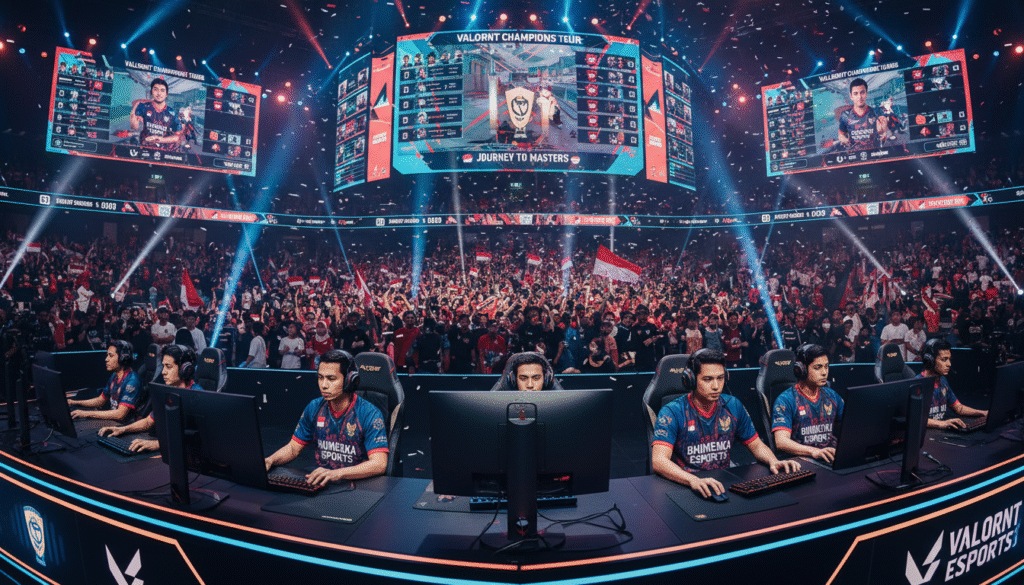 A dynamic esports scene set in a modern gaming arena showcasing a vibrant Indonesian VALORANT match environment. In the foreground, professional players intensely focus on their screens, wearing sleek headsets and casual team uniforms with a distinct Indonesian flair. The middle ground features an animated audience, cheering with colorful flags and banners representing their teams. Behind them, large high-definition screens display the match statistics and game highlights, illuminated by bright, colorful stage lighting. The atmosphere is electric and energetic, capturing the excitement of competitive gaming. The angle is slightly elevated, providing a panoramic view of the arena brimming with enthusiasm, showcasing the essence of teamwork and strategy that defines the journey to the VALORANT Champions.