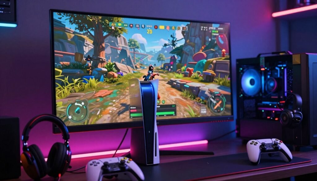 A dynamic gaming environment showcasing advanced graphics performance, emphasizing vivid colors and sharp details. In the foreground, a sleek gaming console with a glowing emblem, surrounded by high-end gaming accessories like a headset and controller. In the middle ground, a large, ultra-high-definition monitor displaying a hyper-realistic game scene featuring detailed landscapes and intricate character designs, enhanced by vibrant lighting effects. The background features a dimly lit room with ambient neon lights creating an immersive atmosphere. The angle should be slightly tilted, giving a sense of action and excitement, capturing the essence of high-performance gaming. The overall mood should reflect exhilaration and innovation, with a crisp, glossy finish that highlights the technological advancements in gaming graphics. A dynamic gaming environment showcasing advanced graphics performance, emphasizing vivid colors and sharp details. In the foreground, a sleek gaming console with a glowing emblem, surrounded by high-end gaming accessories like a headset and controller. In the middle ground, a large, ultra-high-definition monitor displaying a hyper-realistic game scene featuring detailed landscapes and intricate character designs, enhanced by vibrant lighting effects. The background features a dimly lit room with ambient neon lights creating an immersive atmosphere. The angle should be slightly tilted, giving a sense of action and excitement, capturing the essence of high-performance gaming. The overall mood should reflect exhilaration and innovation, with a crisp, glossy finish that highlights the technological advancements in gaming graphics.