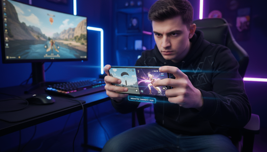 A dynamic gaming setup featuring the Infinix Note 40 Pro 5G positioned prominently in the foreground, displaying vibrant gameplay from PUBG Mobile and Genshin Impact on its screen. The smartphone's sleek design, metallic finish, and Mediatek Dimensity 7020 branding should be visible. In the middle ground, a professional gamer, dressed in a modern, casual outfit, is intensely focused on the gameplay, holding the device in both hands. The background showcases a well-lit gaming environment filled with LED lights in shades of blue and purple, enhancing the energetic atmosphere. Soft reflections from the screen illuminate the gamer’s face, emphasizing concentration. The overall mood is immersive and thrilling, capturing the essence of mobile gaming performance for high-demand games.