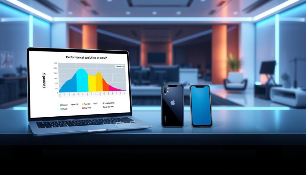 A dynamic illustration showcasing the benchmark results comparing the Tensor G3 and Snapdragon 888. In the foreground, a sleek, modern laptop displays a graph with performance metrics, vibrant colors highlighting the differences in AI task efficiency. In the middle, two side-by-side smartphones, one branded with Tensor G3 and the other with Snapdragon 888, sit on a minimalist desk. The background features a high-tech office setting, with soft blue accent lighting and futuristic decor, evoking a sense of innovation and technology. The overall mood is analytical and insightful, capturing the essence of performance evaluation in the tech industry. Focus on clarity and detail in the graph and devices, with a slightly blurred depth effect to emphasize the central subjects. A dynamic illustration showcasing the benchmark results comparing the Tensor G3 and Snapdragon 888. In the foreground, a sleek, modern laptop displays a graph with performance metrics, vibrant colors highlighting the differences in AI task efficiency. In the middle, two side-by-side smartphones, one branded with Tensor G3 and the other with Snapdragon 888, sit on a minimalist desk. The background features a high-tech office setting, with soft blue accent lighting and futuristic decor, evoking a sense of innovation and technology. The overall mood is analytical and insightful, capturing the essence of performance evaluation in the tech industry. Focus on clarity and detail in the graph and devices, with a slightly blurred depth effect to emphasize the central subjects.