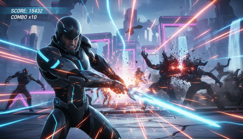 A dynamic scene depicting fast-paced hack-and-slash gameplay featuring a hero character clad in sleek, modern armor, skillfully wielding a glowing sword in mid-swing. The foreground showcases intricate details of the character's determined expression and action pose, with sparks flying from the weapon's impact arc. In the middle ground, multiple enemies in shadowy, monstrous forms are recoiling, emphasizing the intensity of the combat. The background is filled with a vibrant, stylized game environment, featuring fantastical landscapes and ruins, bathed in neon lighting that gives a sense of urgency and excitement. The overall atmosphere is energetic and thrilling, captured from a low-angle view to enhance the action and heighten the dramatic effect.