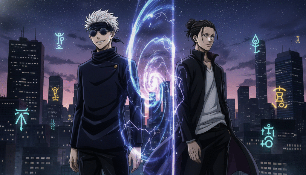 A dynamic scene featuring Gojo Satoru and Suguru Geto from "Jujutsu Kaisen," set within a mystical urban landscape at dusk. In the foreground, Gojo stands confidently with his signature blindfold, showcasing his iconic all-white hair and stylish outfit. Beside him, Geto exudes a calm but intense presence, with dark hair and a sleek black coat. In the middle ground, a swirling barrier of cursed energy subtly pulsates around them, sparking with electric blues and purples. The background reveals a shadowy city skyline under a starry sky, with ethereal glowing symbols hinting at hidden magic. The lighting is dramatic, casting sharp contrasts and highlighting their expressions with a gentle glow, evoking a sense of mystery and tension. The atmosphere is charged with anticipation and camaraderie, perfect for fans of the series.