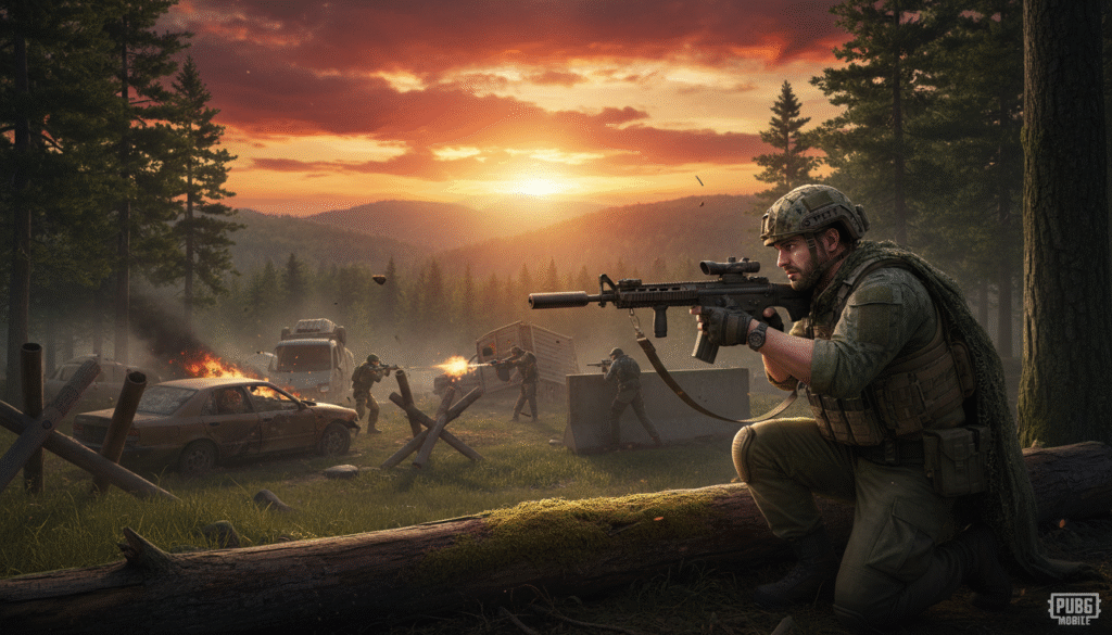 A dynamic scene from a PUBG Mobile match set in a lush, dense forest environment. In the foreground, a well-equipped player in tactical attire expertly aims a weapon, showcasing a look of focus and determination. The middle ground features a variety of obstacles like barricades and vehicles that hint at strategic gameplay, alongside additional players engaged in combat. The background reveals distant hills under a vibrant sunset, casting warm, golden hues across the scene. Soft shadows enhance the depth, while a slightly blurred focus on the background emphasizes the player's action. The atmosphere is intense and adrenaline-filled, reflecting the competitive spirit of a popular battle royale game.
