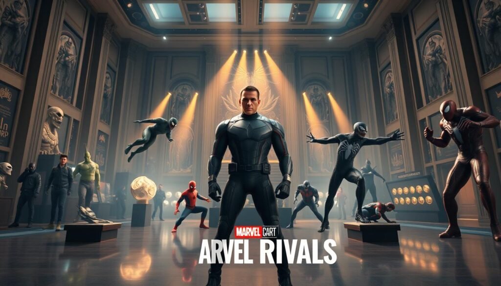 A dynamic scene set in a spacious, modern museum, showcasing various Marvel characters in an epic standoff. In the foreground, a heroic figure in a sleek, high-tech suit stands confidently, surrounded by intricate artifacts from the Marvel universe. In the middle ground, iconic rivals like Spider-Man and Venom are captured mid-action, showcasing their distinct powers and personalities. The background features tall, elegant museum walls lined with captivating exhibit displays, illuminated by dramatic spotlights, creating a tense yet thrilling atmosphere. The scene is captured from a slightly low angle to emphasize the characters' grandeur, with warm, natural light filtering through expansive windows, enhancing the overall sense of excitement and adventure inherent in the Marvel Rivals season 6 theme.