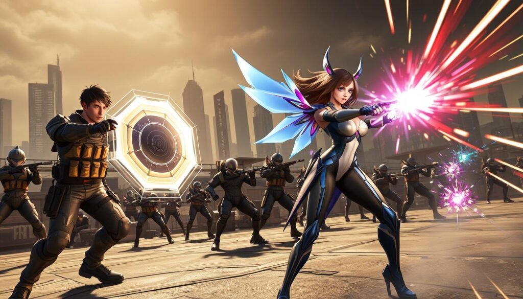 A dynamic scene showcasing a diverse lineup of game characters demonstrating their unique abilities. In the foreground, a male character in a futuristic tactical suit is deploying a holographic shield, while a female character in sleek, vibrant armor unleashes a dazzling energy blast. The middle ground features an urban battlefield setting, with abstract technology motifs blending into the environment. The background is filled with a dystopian city skyline under dramatic, moody lighting, casting long shadows that enhance the action. Use a wide-angle lens to create depth and emphasize the contrast between tactical and flashy abilities. The mood is intense and energetic, conveying a sense of competition and strategy.