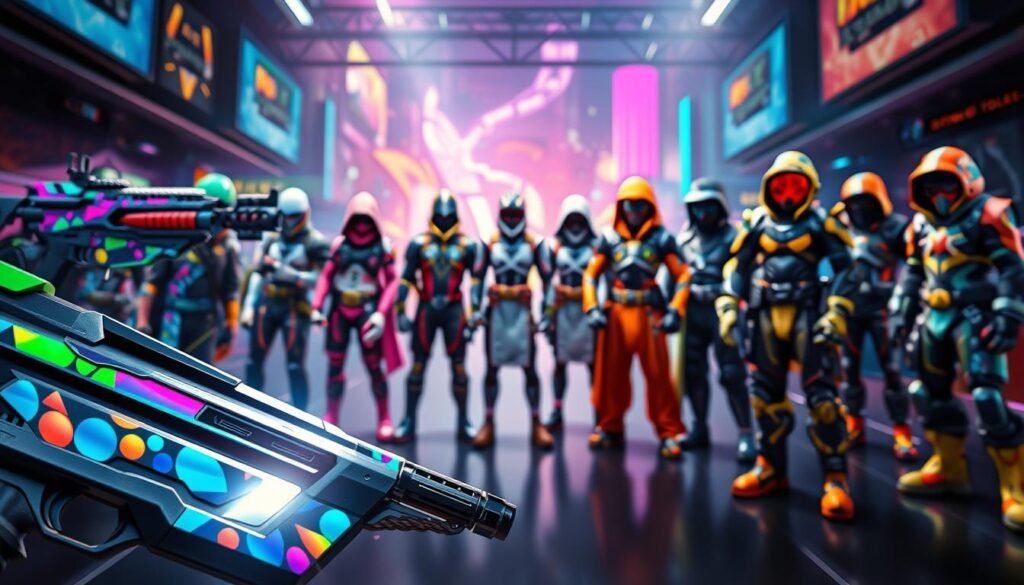 A dynamic scene showcasing customization game skins, featuring an array of weapon skins on one side and character skins on the other. In the foreground, a sleek, futuristic weapon with vibrant, eye-catching patterns reflects light, emphasizing its customization. The middle grounds display a variety of character models wearing uniquely designed outfits, each showcasing different styles and themes, ranging from high-tech armor to casual streetwear. The background is a stylized gaming environment, perhaps a colorful digital cityscape, creating an immersive atmosphere. The lighting is bright and energetic, highlighting the details of the skins, with a dramatic angle that draws the viewer's gaze into the world of customization. The overall mood is vibrant and engaging, inviting players to explore their options in game customization without any text or branding.