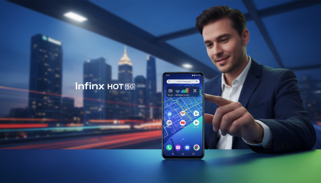A dynamic scene showcasing the Infinix Hot 50 5G smartphone as the focal point. In the foreground, a sleek Infinix Hot 50 5G device is displayed prominently on a vibrant, modern desk with a subtle gradient of blue and green colors. The smartphone's screen vividly illuminated, highlighting its high-resolution display and smooth interface. In the middle ground, a stylish user casually interacts with the phone, dressed in professional attire, exuding confidence and engagement. The background features a blurred urban landscape, symbolizing advanced connectivity and 5G performance. The lighting is bright and dynamic, with reflections off the device emphasizing its premium build. This composition should convey innovation and user satisfaction, encapsulating the advantages of the Infinix Hot 50 5G. A dynamic scene showcasing the Infinix Hot 50 5G smartphone as the focal point. In the foreground, a sleek Infinix Hot 50 5G device is displayed prominently on a vibrant, modern desk with a subtle gradient of blue and green colors. The smartphone's screen vividly illuminated, highlighting its high-resolution display and smooth interface. In the middle ground, a stylish user casually interacts with the phone, dressed in professional attire, exuding confidence and engagement. The background features a blurred urban landscape, symbolizing advanced connectivity and 5G performance. The lighting is bright and dynamic, with reflections off the device emphasizing its premium build. This composition should convey innovation and user satisfaction, encapsulating the advantages of the Infinix Hot 50 5G.