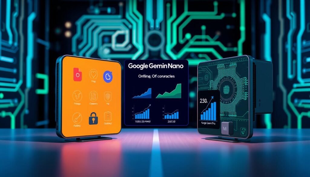 A dynamic split-screen comparison of two advanced AI models, Google Gemini Nano on the left side and Google Gemini Pro on the right. The foreground showcases sleek, modern icons representing features like efficiency and performance, depicted with vivid colors and contrasting designs. In the middle, a visual representation of metrics and graphs comparing their offline capabilities is prominently displayed, emphasizing clarity and precision. The background features a high-tech digital environment with abstract circuitry and glowing elements, creating a futuristic atmosphere. Soft blue and green lighting enhances the focus on the models while casting gentle shadows, giving depth. The overall mood is informative and analytical, inviting viewers to engage with the content.
