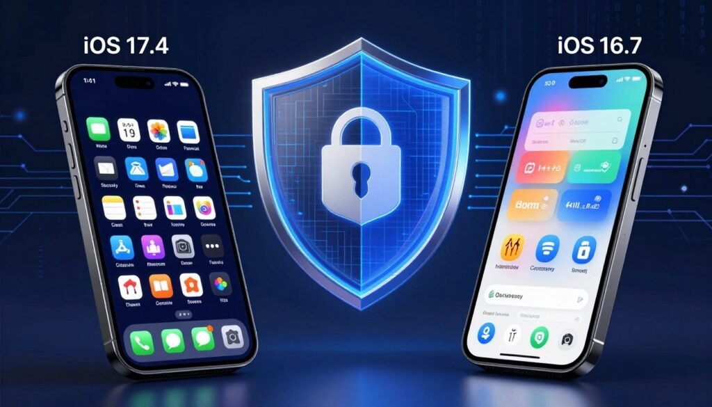 A dynamic, tech-inspired visual comparing the security features of iOS 17.4 and iOS 16.7. In the foreground, two sleek smartphones display their respective operating systems, with vivid icons and security interfaces prominently featured. The middle ground showcases a digital shield symbolizing cybersecurity, divided into two halves representing each iOS version: iOS 17.4 on the left, with a slightly dimmer color palette to suggest vulnerabilities, and iOS 16.7 on the right, illuminated with bright, secure imagery. In the background, abstract circuitry patterns and binary codes blend to create a futuristic atmosphere. Soft lighting enhances the high-tech feel, with a slight focus on the smartphones to emphasize the comparison. Overall, the image should evoke a sense of urgency in security, while remaining professional and visually striking.
