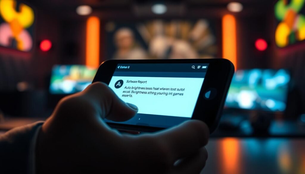 A focused close-up of a modern smartphone screen displaying a software bug report, with a vibrant interface that highlights an auto-brightness issue in gaming mode. In the foreground, a hand, wearing casual business attire, interacts with the device, fingers gently tapping the screen. The middle ground features a blurred background of a darkened gaming environment, illuminated only by the bright glow of the phone screen, casting subtle reflections on nearby surfaces. The lighting is dramatic, emphasizing the contrast between the phone's brightness and the dimness of the surroundings. The atmosphere is tense yet contemplative, reflecting a sense of troubleshooting and analysis as players strive for the optimal gaming experience.