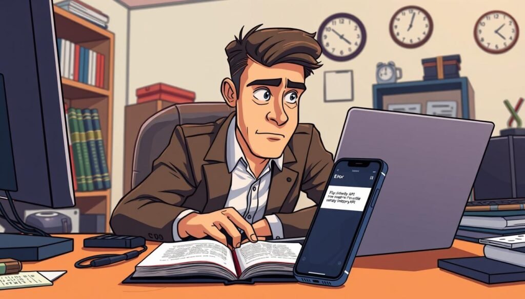 A focused workspace scene depicting an individual troubleshooting a Play Integrity API error on a laptop. The foreground features a professional-looking person, dressed in business casual attire, intensely examining code on the screen with a furrowed brow. The middle layer shows a well-organized desk with computer peripherals, a notebook filled with notes, and a smartphone displaying an error message. In the background, a softly lit room with shelves of tech books and a wall clock conveys a sense of urgency. The lighting is warm yet bright, creating a focused atmosphere that highlights the tension of solving a persistent error. The composition is framed from a slightly elevated angle, capturing both the subject's concentration and the clutter of technology around them.