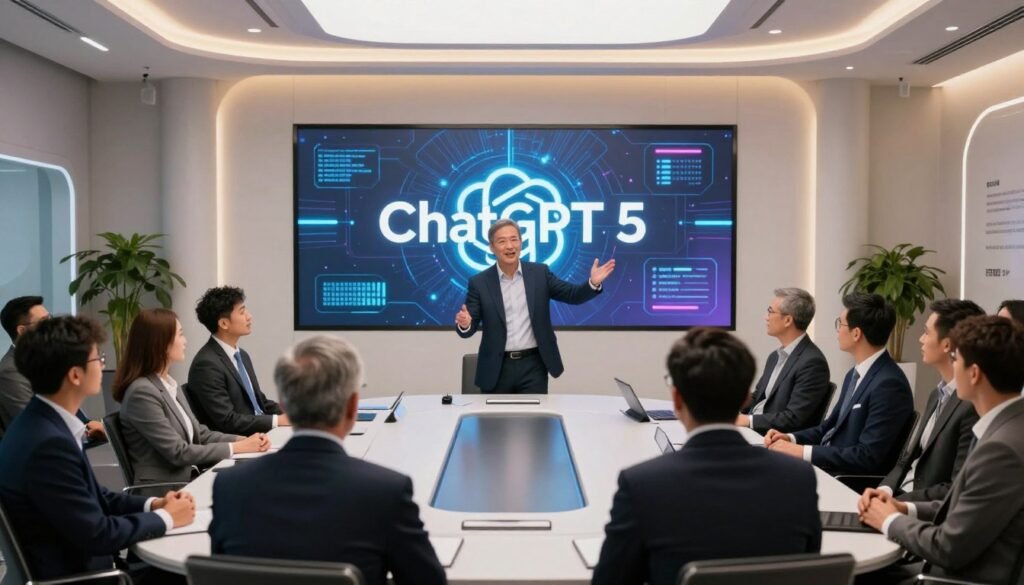 A futuristic conference room filled with professionals gathered around a sleek podium where the official launch of ChatGPT 5 is taking place. In the foreground, a confident, diverse group of business professionals in business attire observe the event. The centerpiece is a high-tech screen displaying the ChatGPT 5 logo, surrounded by vibrant digital graphics. In the middle, an engaging speaker, a middle-aged man in a suit, passionately gestures towards the screen, while audience members appear captivated and intrigued. The background features modern decor with soft lighting that enhances the atmosphere of innovation and excitement. The scene captures a moment of enthusiasm and anticipation for the new technology being unveiled, with a warm, inviting color palette underscoring the positive mood.